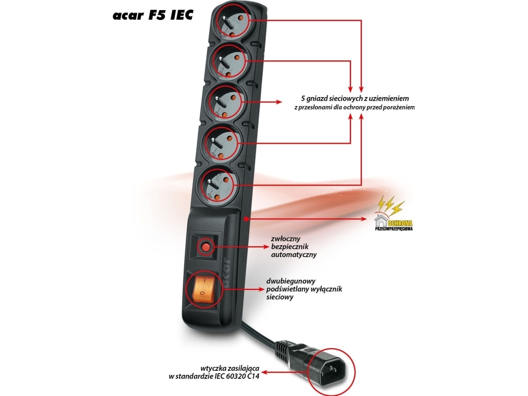 Acar F5 Iec 1,5M Kabel, 5 Steckdosen, Überspannungsschutz, C14 Für Usv, Schwarz