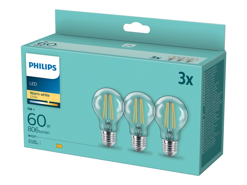 Philips - Led-Glühbirne - Form: A60 - Klare Oberfläche - E27 - 7 W (Entspricht 60 W) - Klasse E - Warmweißes Licht - 2700 K (3Er-Pack)