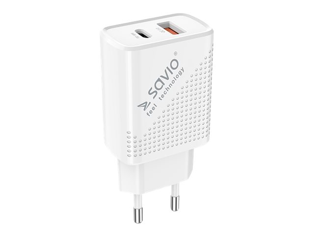 SAVIO LA-04 - Nätadapter - 18 Watt - 3,6 A - PD 3.0, QC 3.0 - 2 utgångskontakter (USB, USB-C) - vit | Tele & GPS - Batteri & Laddare - Laddare | GameStuff