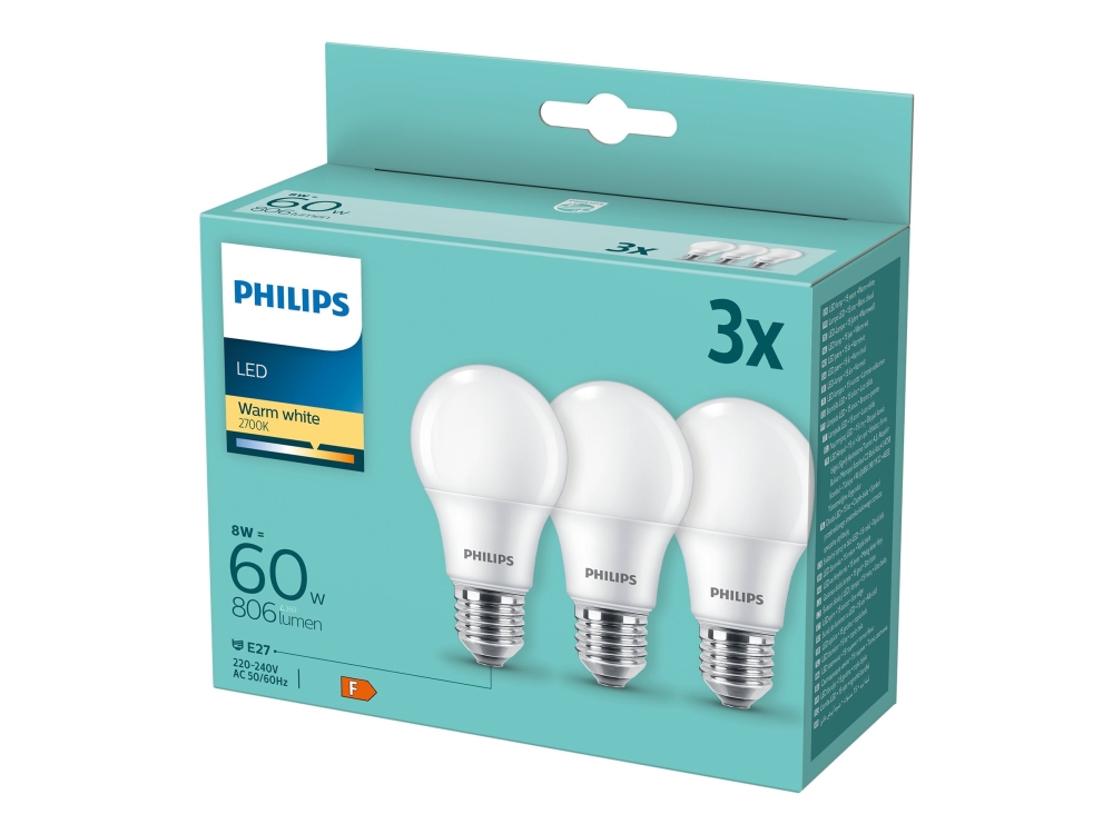 Philips Led Led Glödlampa Form: A60 Glaserad Finish E27 8 W Motsvarande 60 W Klass F Varmt Vitt Ljus 2700 K Paket Om 3