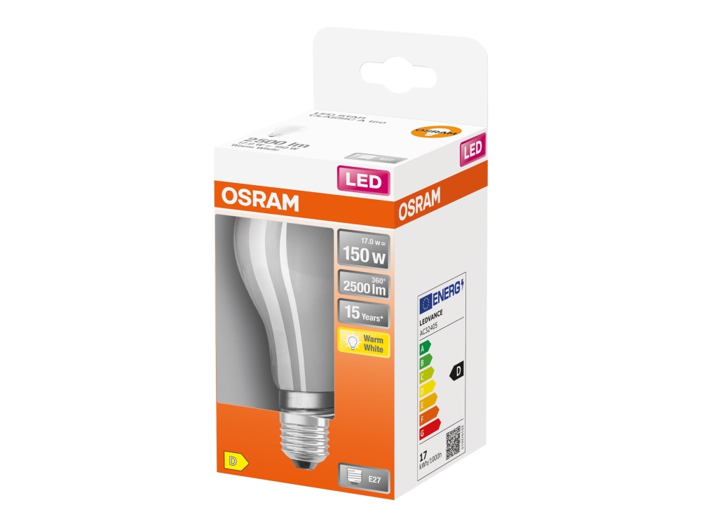 OSRAM LED Retrofit CLASSIC A - LED-glödlampa med filament - form: A70 - E27 - 17 W (motsvarande 150 W) - klass D - varmt vitt ljus - 2700 K | Belysning - Ljuskälla - E27 Ljuskälla | GameStuff