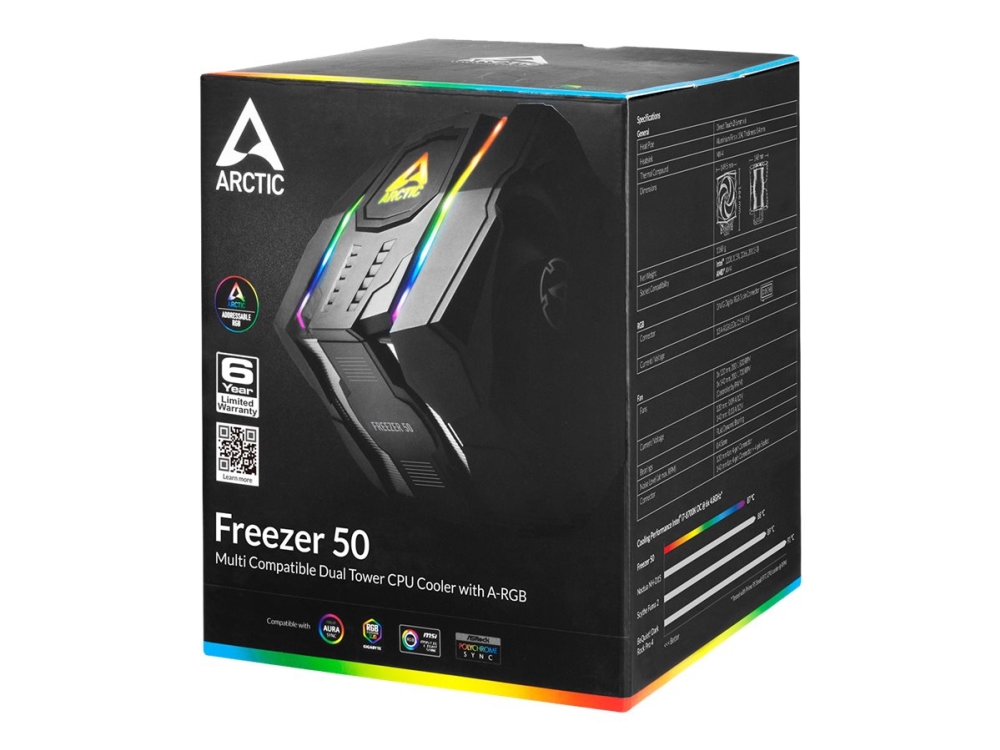 Arctic Freezer 50 Inkl. A-Rgb Controller - Multi-Kompatibler Dual Tower Cpu Kühler Mit A-Rgb, Kühler, 120/140 Mm, 200 Rpm, 1800 Rpm, 0,4 Sone
