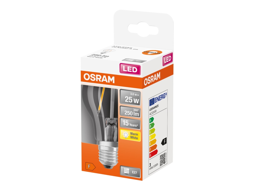 OSRAM LED STAR - LED-glödlampa med filament - form: A60 - klar finish - E27 - 2.5 W (motsvarande 25 W) - klass F - varmt vitt ljus - 2700 K | Belysning - Ljuskälla - E27 Ljuskälla | GameStuff