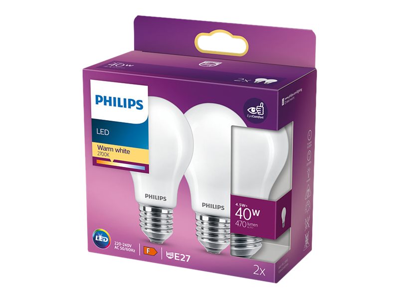 Philips - Led-Glühbirne - Form: A60 - Matte Oberfläche - E27 - 4,5 W (Entspricht 40 W) - Klasse F - Warmweißes Licht - 2700 K (2Er-Pack)
