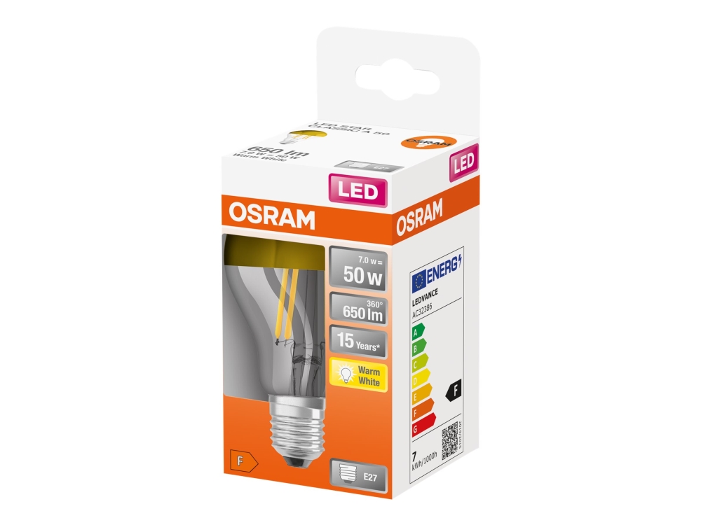OSRAM LED STAR - LED-glödlampa med filament - form: A60 - klar finish - E27 - 7 W (motsvarande 50 W) - klass F - varmt vitt ljus - 2700 K | Belysning - Ljuskälla - E27 Ljuskälla | GameStuff