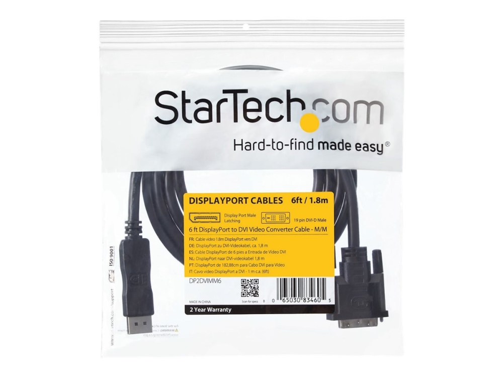 StarTech 6ft / 1.8m DisplayPort to DVI Cable - 1920x1200 - DVI Adapter Cable - Multi Monitor Solution for DP to DVI Setup (DP2DVIMM6) - DisplayPort kabel - DisplayPort (han) til DVI-D (han) - 1.8 m - sort - for P/N: DPPNLFM3, DPPNLFM3PW