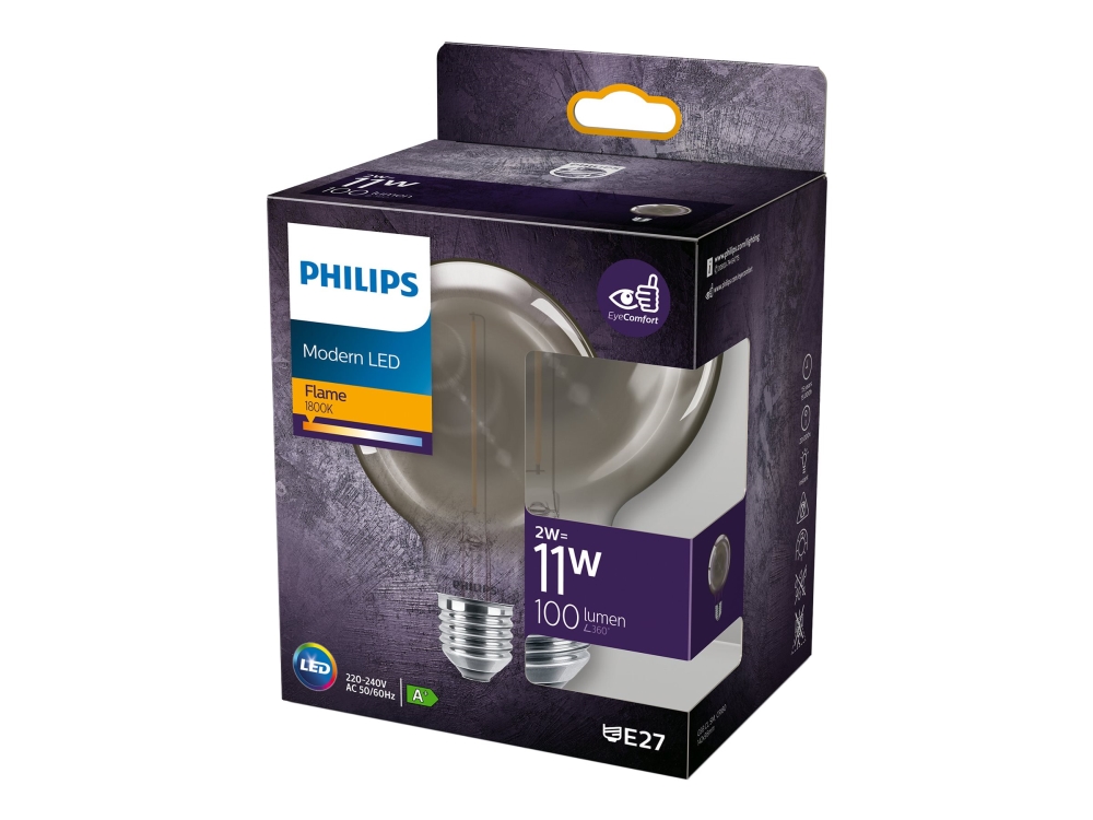 Philips Led Glödlampa Med Filament Form: G93 E27 2 W Motsvarande 11 W Flamljus 1800 K Rökig