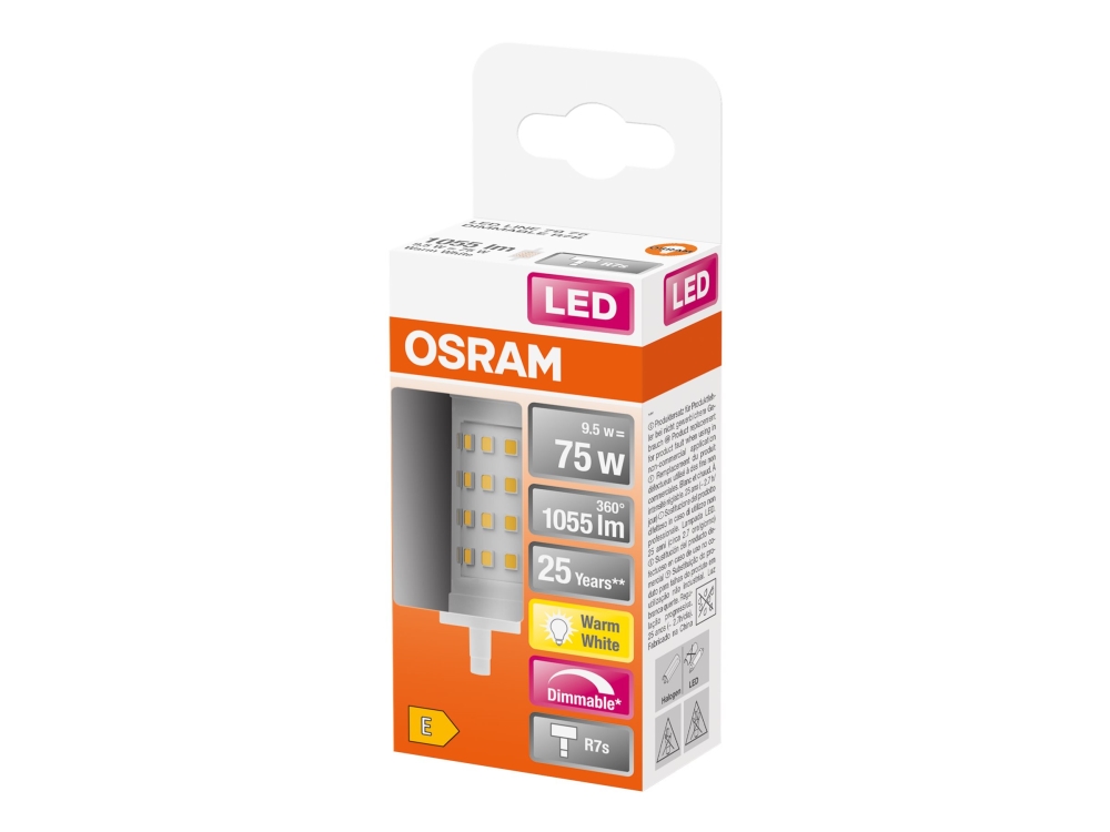 OSRAM LED LINE - LED-lyspære - form: majs - klar finish - R7s - 9.5 W (tilsvarende 75 W) - klasse E - varmt hvidt lys - 2700 K