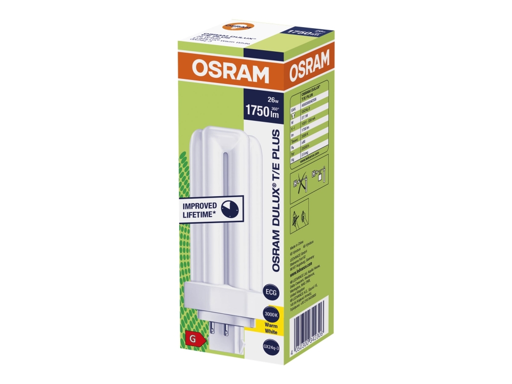 OSRAM DULUX T/E PLUS - Ikke-integreret kompakt fluorescerende lyspære - form: T12X3 - GX24q-3 - 26 W (tilsvarende 26.5 W) - klasse G - varmt hvidt lys - 3000 K