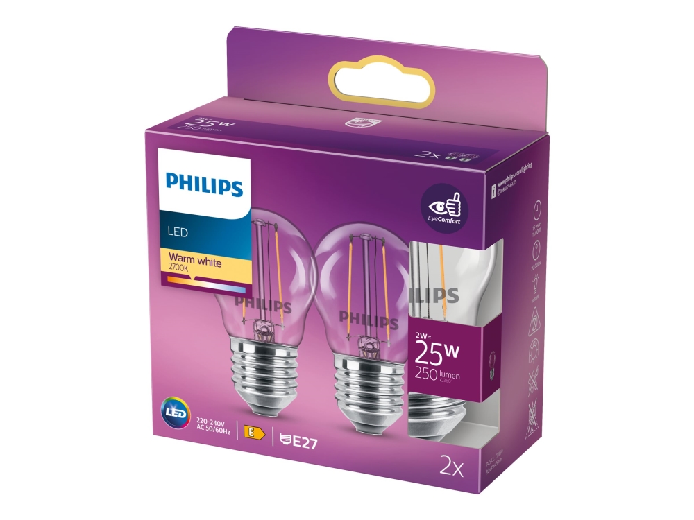 Philips - LED-filament-lyspære - form: P45 - klar finish - E27 - 2 W (tilsvarende 25 W) - klasse E - varmt hvidt lys - 2700 K (pakke med 2)