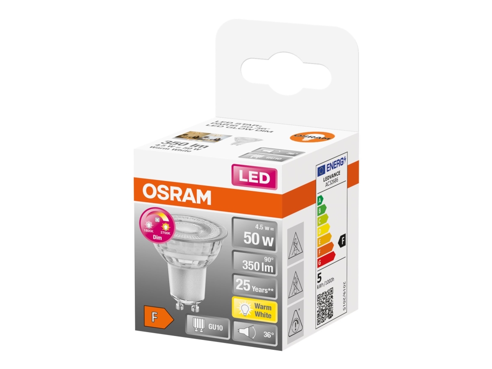 OSRAM LED STAR+ GLOWdim - LED-spot lyspære - form: PAR16 - GU10 - 4.5 W (tilsvarende 50 W) - klasse F - varmt hvidt lys - K