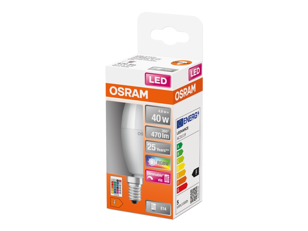 OSRAM LED STAR+ - LED-glödlampa - form: B37 - glaserad finish - E14 - 4.9 W (motsvarande 40 W) - klass F - RGB/varmt vitt ljus - 2700 K | Belysning - Ljuskälla - E14 Ljuskälla | GameStuff