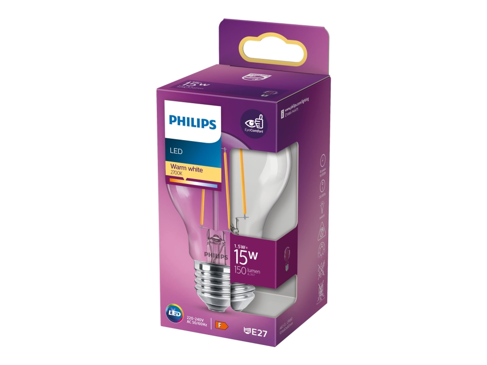 Philips - Led-Glühbirne - Form: A60 - Klare Oberfläche - E27 - 1,5 W (Entspricht 15 W) - Klasse F - Warmweißes Licht - 2700 K