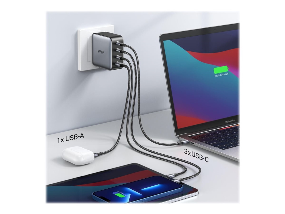 Ugreen - Strømforsyningsadapter - 100 Watt - 5 A - PD 3.0, QC 4.0+ - 4 output-stikforbindelser (3 x USB-C, USB) - Europa