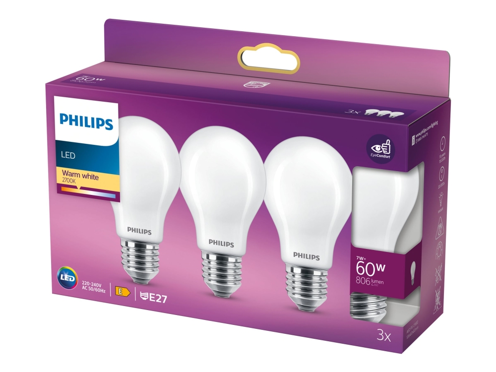 Philips - Led-Glühbirne - Form: A60 - Mattiert - E27 - 7 W (Entspricht 60 W) - Klasse E - Warmweißes Licht - 2700 K (3Er-Pack)