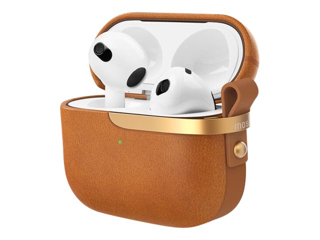 Moshi Pebbo Luxe - Kabellose Ohrhörer-Ladetasche - Veganes Leder - Karamellbraun - Für Apple Airpods (3. Generation)