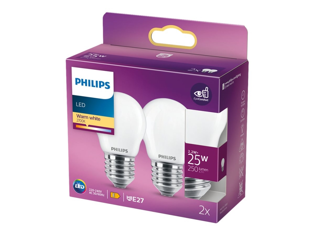 Philips LED - LED-lyspære - form: P45 - matteret finish - E27 - 2.2 W (tilsvarende 25 W) - klasse E - varmt hvidt lys - 2700 K (pakke 2)