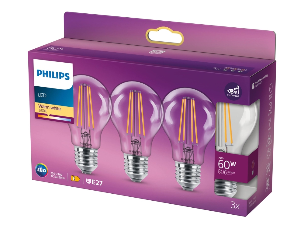 Philips - Led-Glühbirne - Form: A60 - Klare Oberfläche - E27 - 7 W (Entspricht 60 W) - Klasse E - Warmweißes Licht - 2700 K (3Er-Pack)