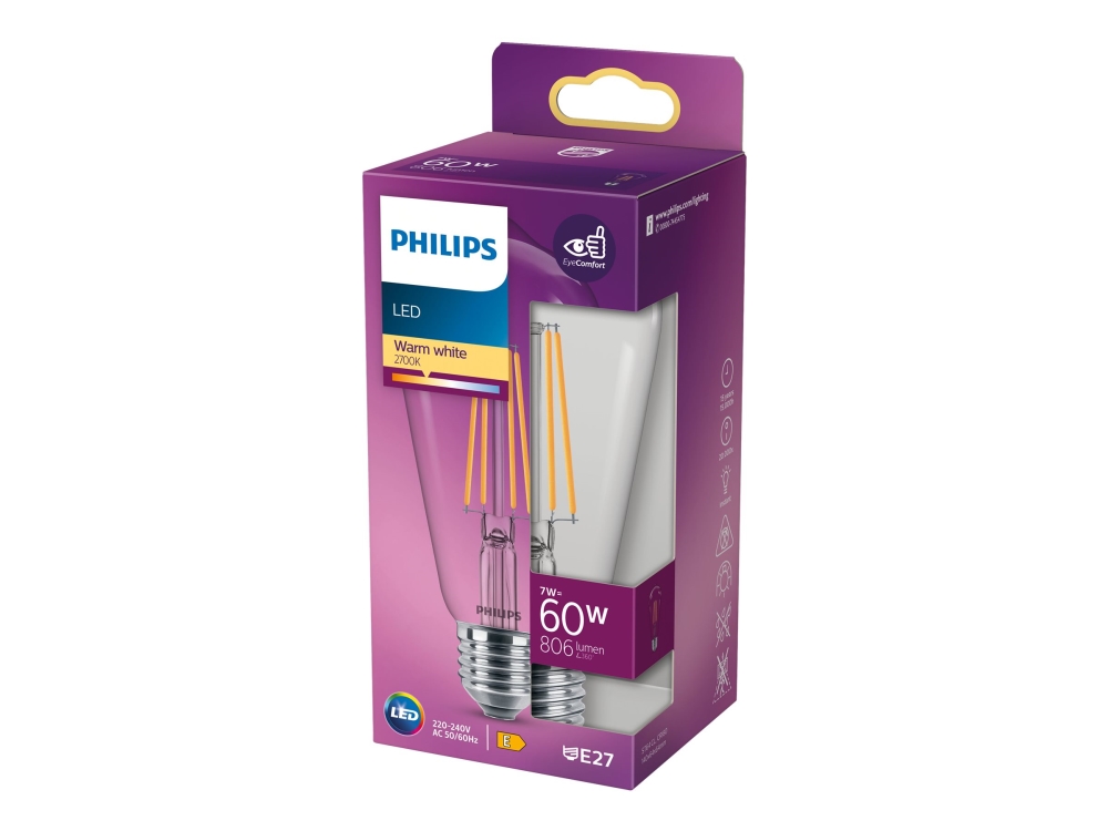 Philips - Led-Glühbirne - Form: St64 - Klare Oberfläche - E27 - 7 W (Entspricht 60 W) - Klasse E - Warmweißes Licht - 2700 K