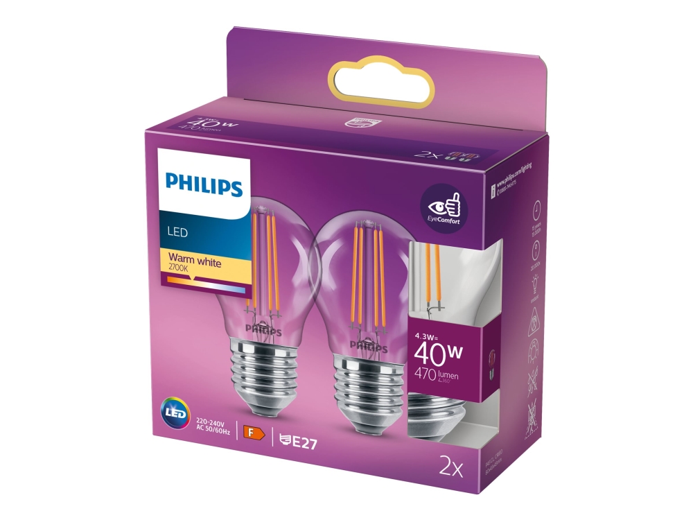 Philips Led Glödlampa Med Filament Form: P45 Klar Finish E27 4.3 W Motsvarande 40 W Klass F Varmt Vitt Ljus 2700 K Paket Om 2