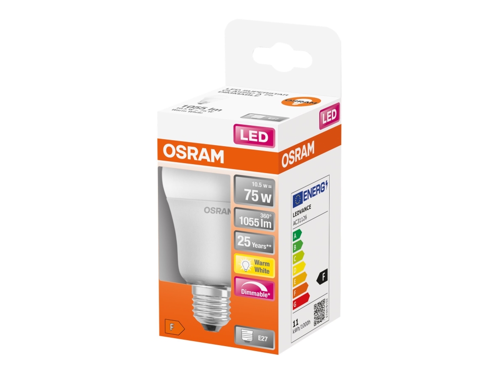 OSRAM LED SUPERSTAR - LED-glödlampa - form: A60 - glaserad finish - E27 - 10.5 W (motsvarande 75 W) - klass F - varmt vitt ljus - 2700 K | Belysning - Ljuskälla - E27 Ljuskälla | GameStuff