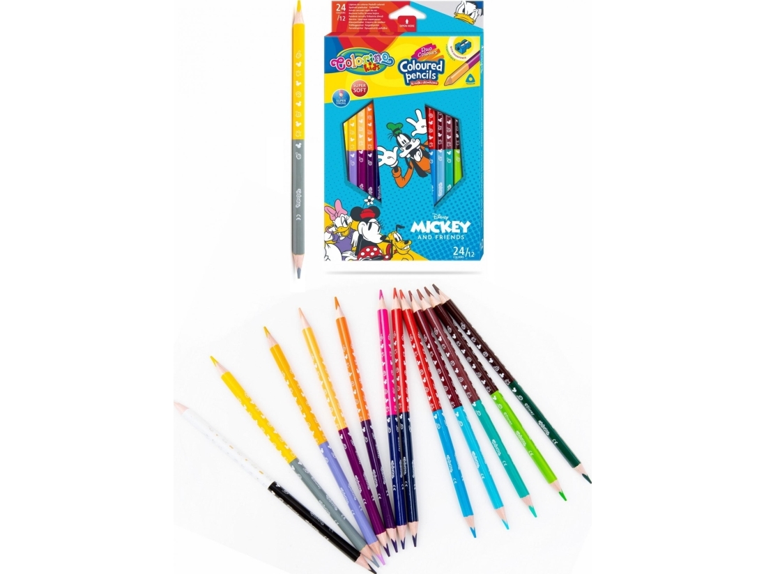Dreieckige Zweifarbstifte 12 Stück 24 Farben + Spitzer Colorino Kids Mickey