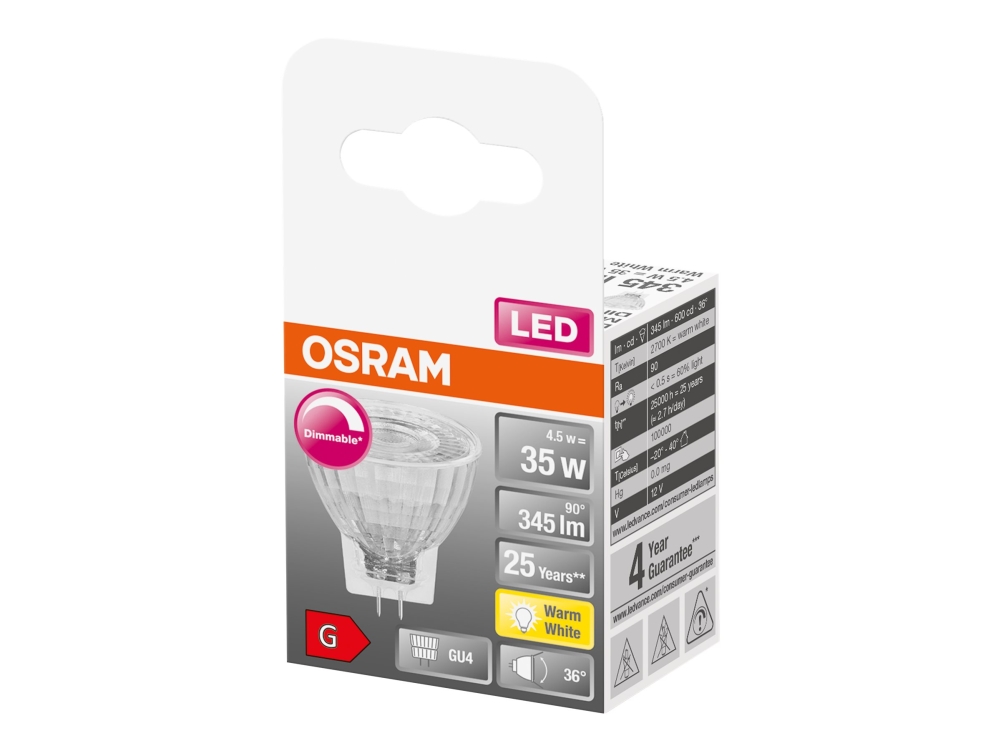 OSRAM LED SUPERSTAR - LED-spotlight - form: MR11 - GU4 - 4.5 W (motsvarande 35 W) - klass G - varmt vitt ljus - 2700 K | Belysning - Ljuskälla - Pin Ljuskälla | GameStuff