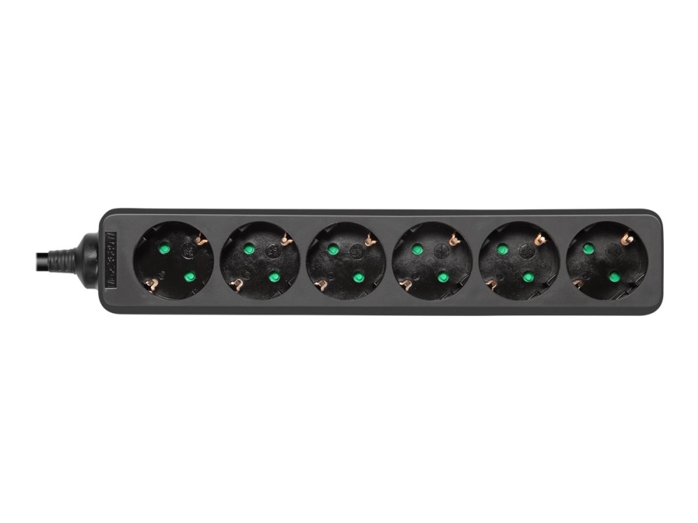Deltaco Gt-0622 - Stikdåse - Ac 250 V - 3680 Watt - Input: Power Cee 7/7 - Output-Stikforbindelser: 6 (6 X Strøm Cee 7/3) - 5 M Ledning - Sort