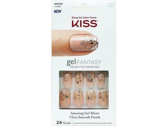 Kiss Gel Fantasy Collection Glue-On Manicure Kit Fanciful Medium Length Square Fake Nails 24 Count