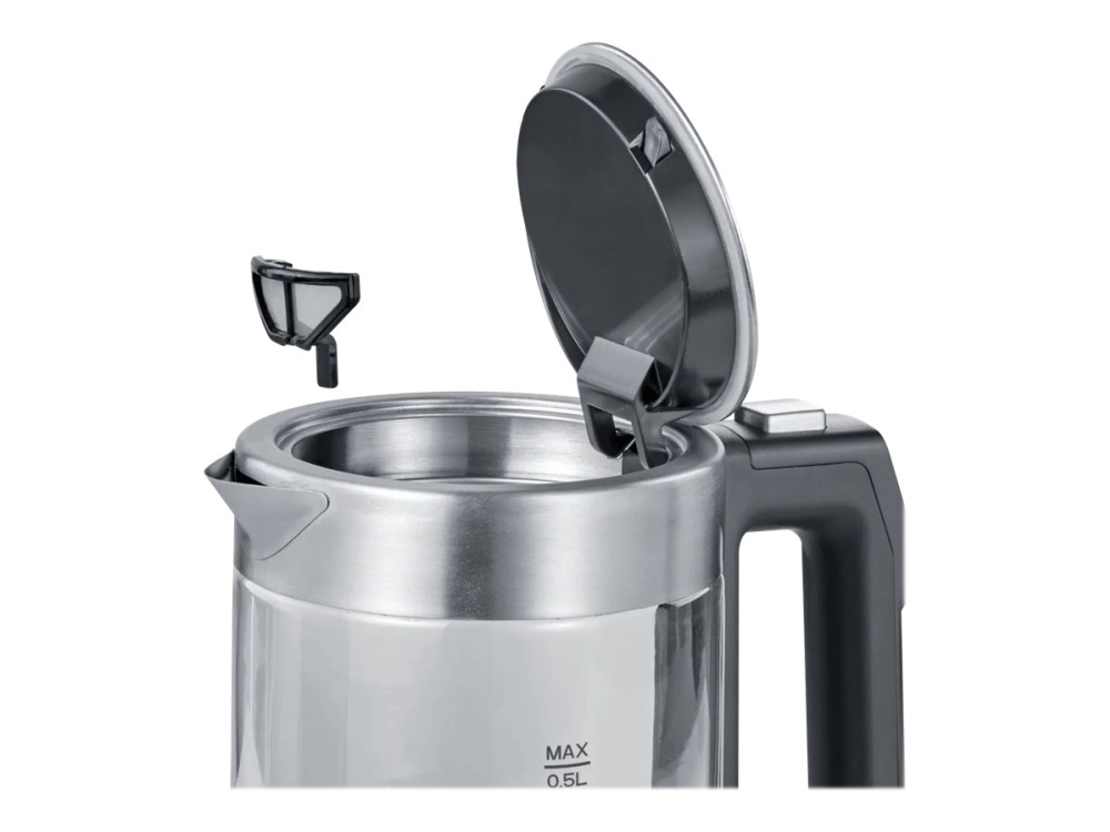 Severin WK 3458, 0,5 L, 1100 W, Musta, Läpinäkyvä, Lasi, Ruostumaton teräs, Säädettävä termostaatti, Veden tason ilmaisin
