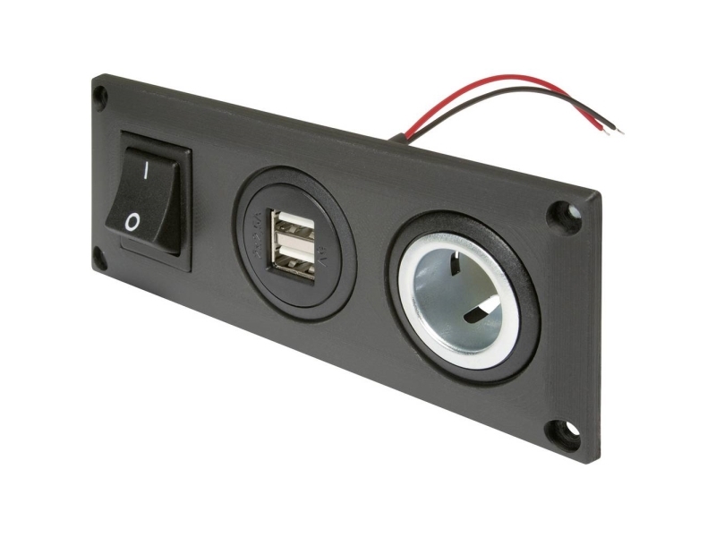 ProCar sisäänrakennettu pistorasia, jossa on USB-A-kaksoispistorasia kytkettävissä + 1 pistorasia 12 V, 24 V 20 A 2-nahkainen