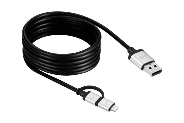 JustMobile AluCable Duo, 1,5 m, USB A, Micro-USB B/Lightning, Hane/Hane, Gjuten aluminium, Svart | N - A | GameStuff