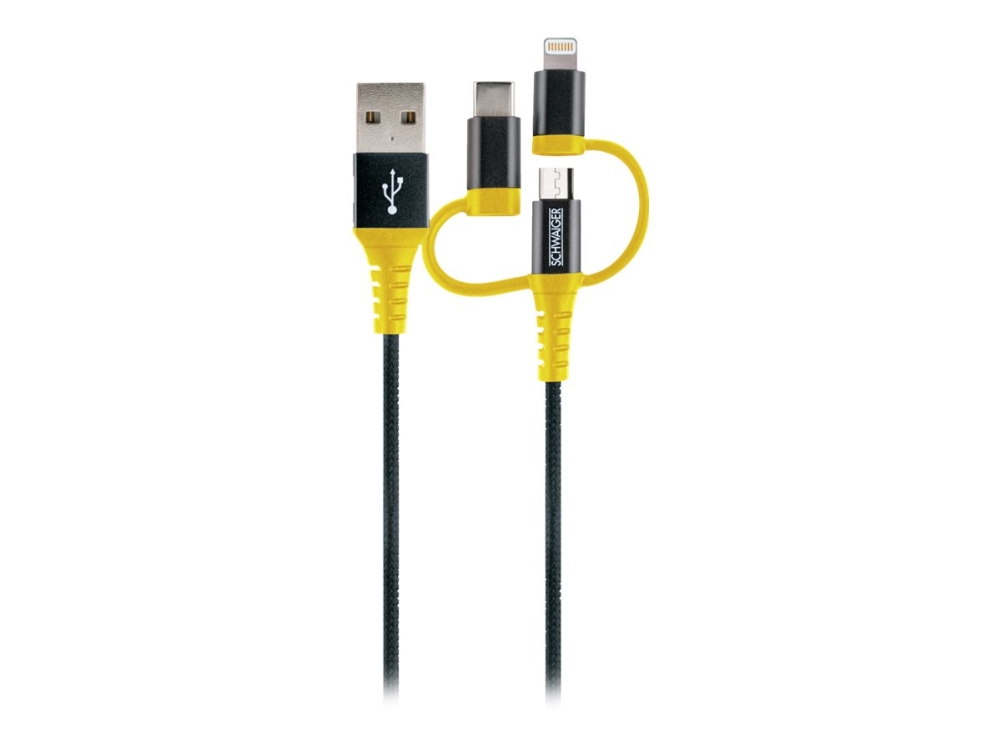Schwaiger - Usb-Kabel - Usb Han Til Micro-Usb Type B, Lightning, 24 Pin Usb-C Han - 1.2 M - Sort, Gul - Flad