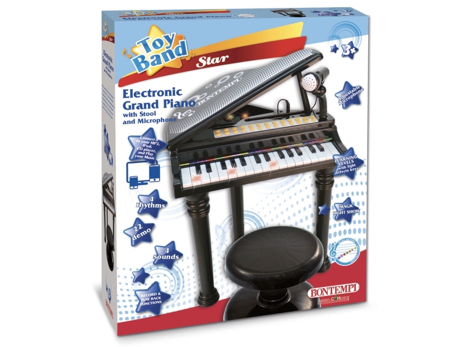 Bontempi Elektroninen Grand Piano jakkaralla ja mikrofonilla, Musiikkilelu, Piano, 3 vuotta, AA, Musta