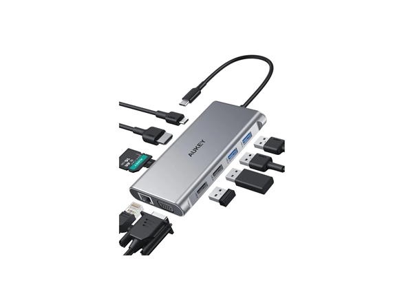 Aukey Aluminiowy Hub Usb-C | 10W1 | Rj45 Ethernet 10/100/1000Mbps | 4Xusb | Hdmi 4K@30Hz | Sd I Microsd | Usb-C Power Delivery 100W