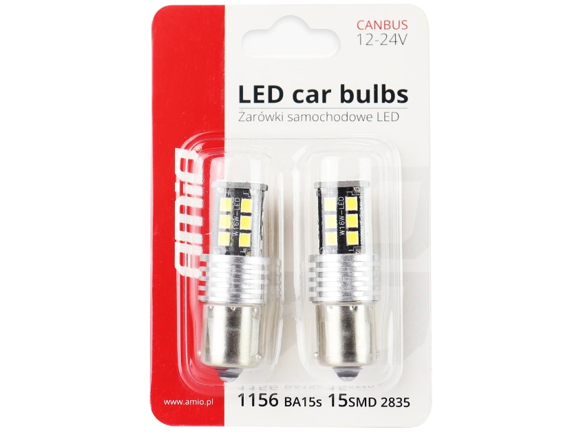 Amio 01293 Led Canbus 15Smd 2835 7,5W 1156 (P21w) Balta 12V / 24V 2 Stycken