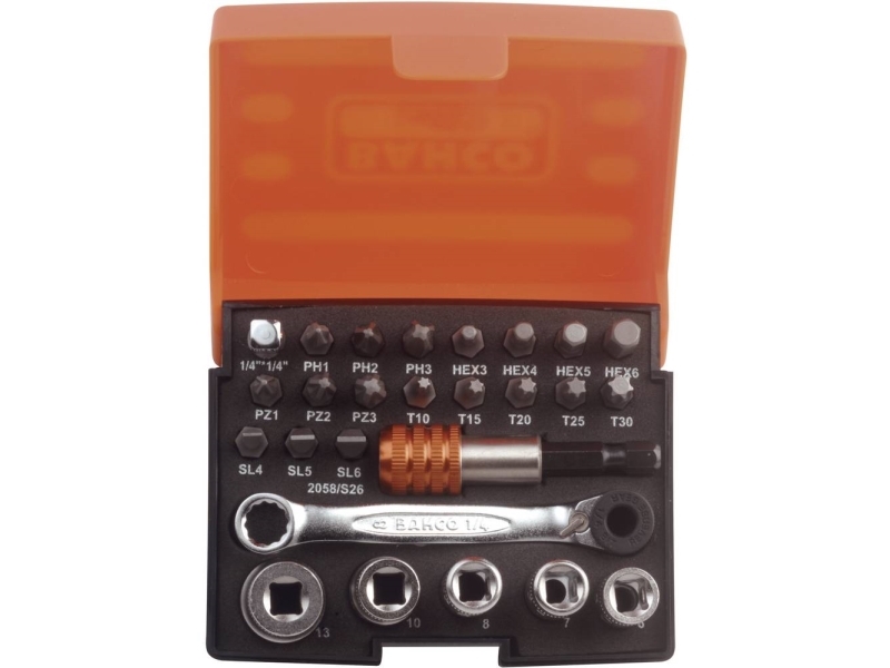 Bahco Standard Bits I Sæt – 26 Dele, 18 Stk, Hexadecimal (Metrisk), Phillips, Stjerneskruetrækker, Åbning, Torx, Stål, 100 Mm, 35 Mm, 80 Mm