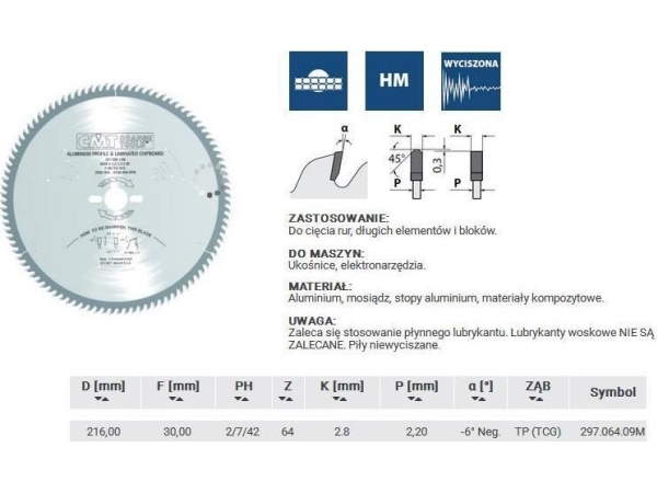 Cmt Sägeblatt Hw D=216 F=30 Z=64 K=2,8/2,2 Aluminium, Messing, Komposit