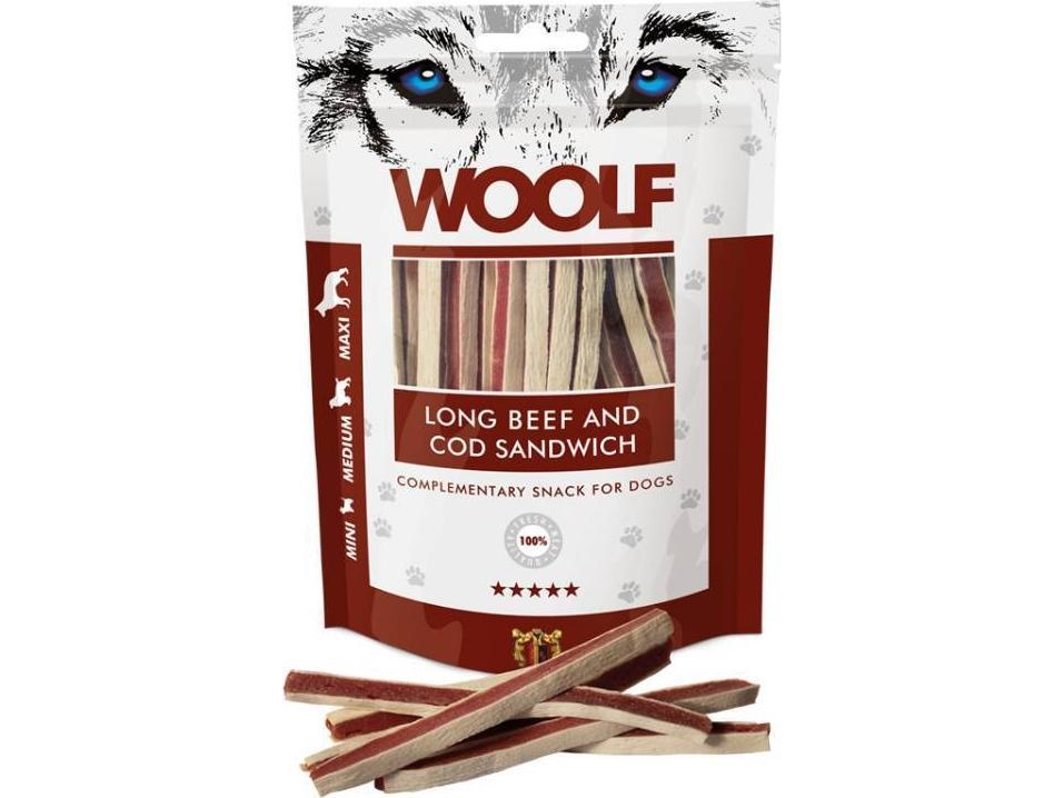 Woolf Hundesnack Long Beef & Cod Sandwich - Oksekød Med Torskeskiver, 100 G