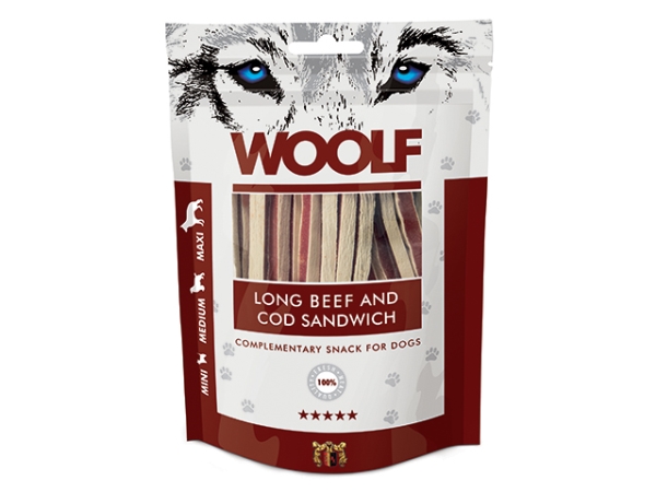 Woolf Hundesnack Long Beef & Cod Sandwich - Rindfleisch Mit Dorsch, Streifen, 100 G