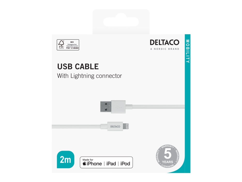 DELTACO - Lightning-kabel - USB hane till Lightning hane - 2 m - vit