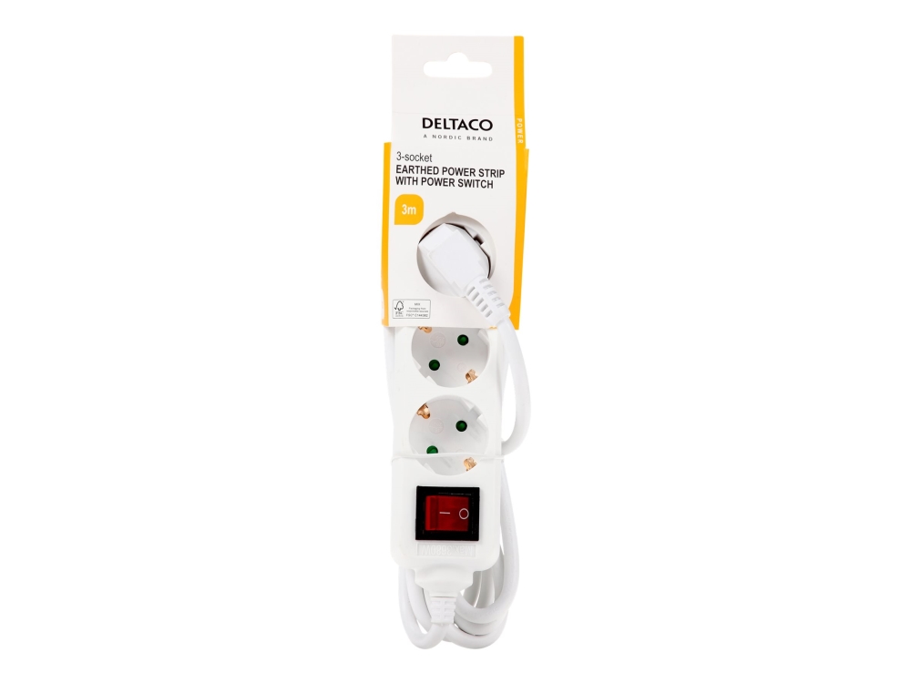 DELTACO - Stikdåse - barnebeskyttet, jordet, med strømkontakt - AC 250 V - 3680 Watt - input: power CEE 7/7 - output-stikforbindelser: 3 (power CEE 7/3) - 3 m ledning - hvid