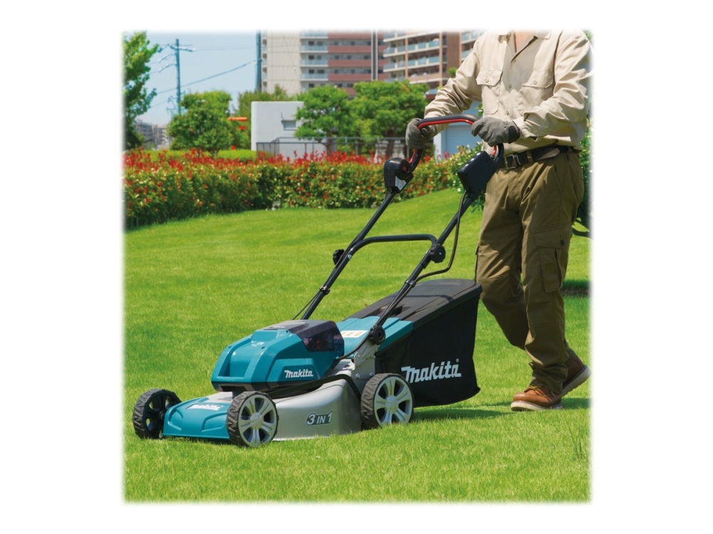 Makita Twin DLM460PT2 - Ruohonleikkuri - akkukäyttöinen - 18 V - 5 Ah - 2 akkua - 2500-3300 kierrosta minuutissa - 46 cm - 25,3 kg