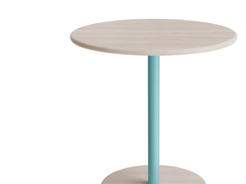 Pöytä Donut, Ø700 mm, korkeus 720 mm, valkoinen pigmentoitu saarni turkoosilla rungolla