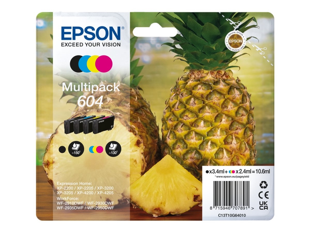 Epson 604 Multipack - 4 pakker - sort, gul, cyan, magenta - original - blister med RF/akustisk alarm - blækpatron - for Expression Home XP-2200, 2205, 3200, 3205, 4200, 4205  WorkForce WF-2910, 2930, 2935, 2950