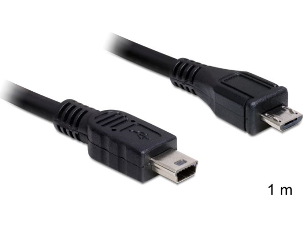 Delock USB-kabel USB-micro-B-hanstik, USB-mini-B-hanstik 1.00 m Sort forgyldte stik, 83177