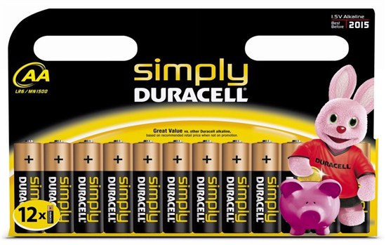 Duracell Simply, Kertakäyttöinen akku, AA, Alkali, 1,5 V, 12 kpl, Musta, Kulta