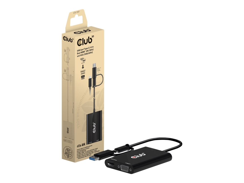 Club 3D - Videokort - USB typ A, 24 pin USB-C (hane) till HD-15 (VGA), HDMI (hona) - användning med dubbla skärmar, 4K 30 Hz (3840 x 2160) stöd (HDMI), 1080p-stöd 60 Hz (VGA) | Datortillbehör - Kablar & adaptrar - Adaptrar | GameStuff