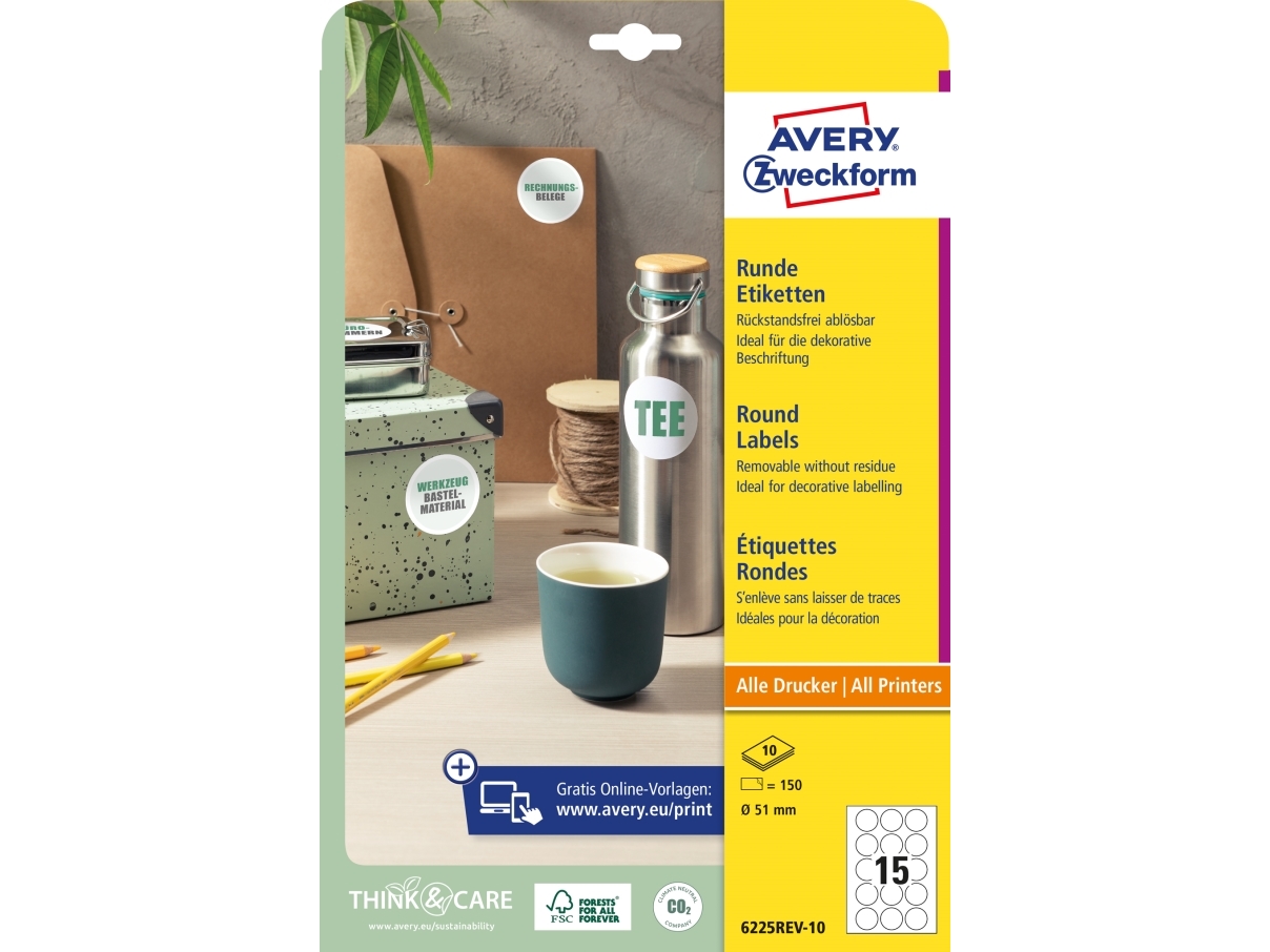 Avery 6225REV-10 Ø 51 mm, A4, Hvid Brug Avery 6225REV-10 Aftagelige runde produktetiketter til midlertidig mærkning for maksimal effekt på produkter og tilbud. Køb her.