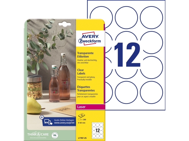 Avery L7787-25 Ø 60 Mm, A4, Transparent Avery L7787-25 Gennemsigtige Runde Etiketter Giver Et Stilfuldt Og Næsten Usynligt Udseende På Dine Produkter